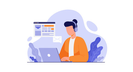 A modern flat illustration features a person with headphones working on a laptop, symbolizing remote productivity, online learning, and digital communication.