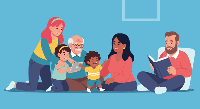 A happy multi-generational family gathers together on the floor, sharing moments of connection and learning in a cozy home setting.