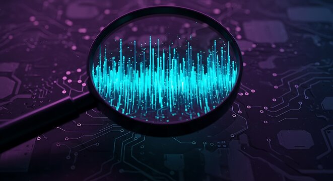 Magnifying glass focusing on a blue digital waveform against a purple circuit board background.