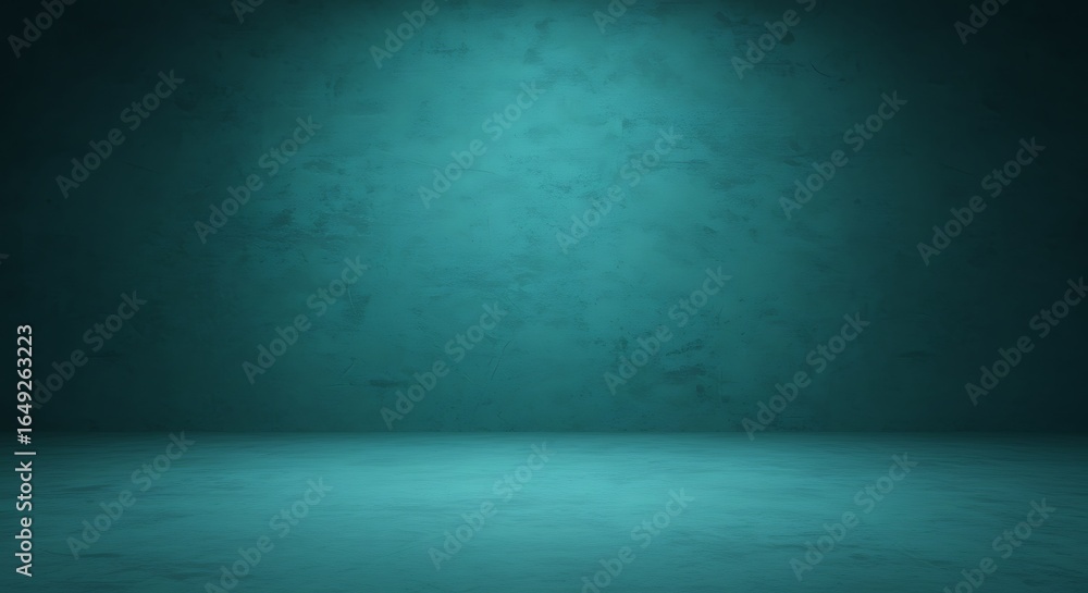 Poster a dark, textured teal backdrop with a subtle gradient, creating a simple studio space.