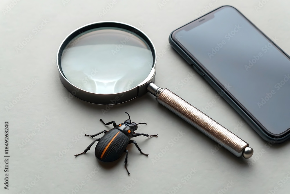 Poster a magnifying glass, a smartphone, and a bug are arranged on a gray surface, creating a still life co
