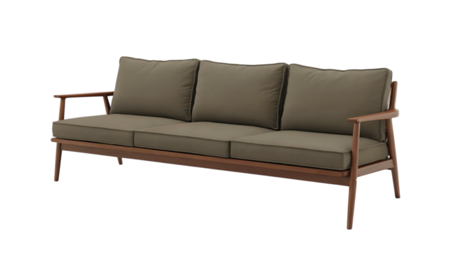 Elegant three seater sofa with wooden frame and olive green cushions isolated on transparent background