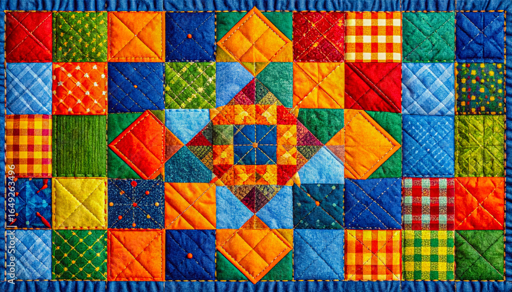 Poster vibrant patchwork quilt features a collection of squares in bright colors and unique patterns. the i
