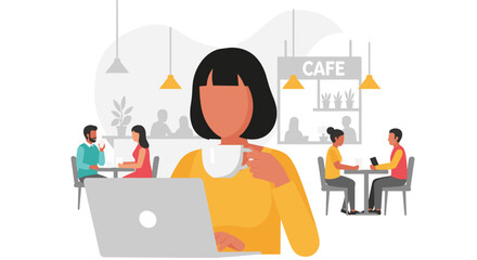 A woman enjoys a coffee break while working on her laptop in a bustling modern cafe with other patrons.