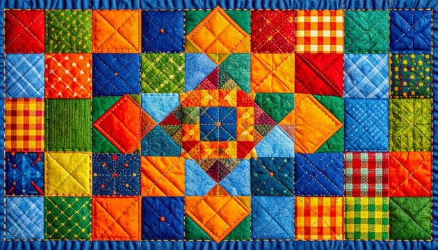 Vibrant patchwork quilt features a collection of squares in bright colors and unique patterns. The intricate design showcases craftsmanship and creativity, suitable for home decor