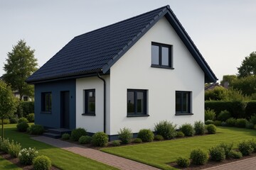 Fototapeta premium Contemporary home features a unique exterior, nestled among well-kept lawns and shrubs in a peaceful suburban area