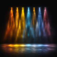 Colorful stage lights casting beams of orange blue and purple in dark theater
