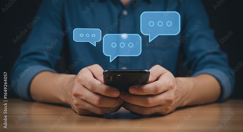 Poster a man holds a smartphone with digital speech bubbles hovering above, suggesting communication and me