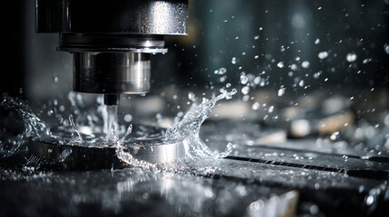 Close up of a metal milling machine cutting with water splashing during operation