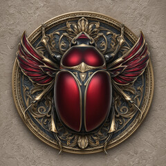 Fantasy scarab beetle emblem with intricate gold and ruby armor details
