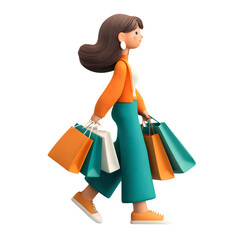 Cartoon woman walking with shopping bags against a transparent background artwork