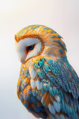 Vibrant blue and yellow owl perched with striking plumage and piercing eyes
