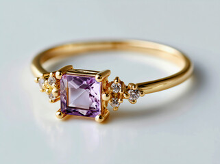 Gold ring with purple gemstone and small diamonds on glossy white surface
