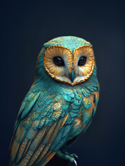 Vibrant blue and yellow owl perched with striking plumage and piercing eyes
