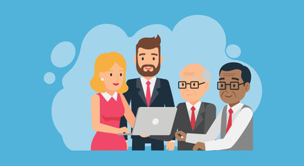 A diverse group of business professionals from different generations and backgrounds collaborate around a laptop, symbolizing teamwork and modern corporate strategy.