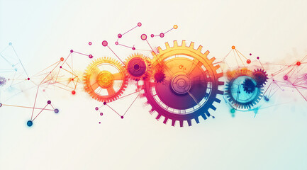 Bright gradient gears and nodes in vibrant abstract technology composition
