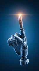 Robotic hand reaching toward glowing light in futuristic blue digital scene

