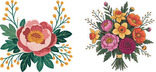 Beautiful pink peony flower with green leaves and yellow berries