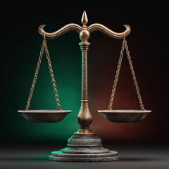 Classic justice scale with metallic finish symbolizing law, balance, and fairness
