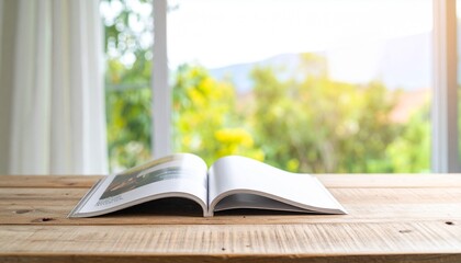 Open Magazine on Wooden Table with Blurred Green Background and Sunlight.