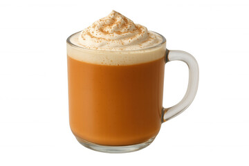 Glass mug holding pumpkin spice latte, creamy topping dusted with cinnamon, sitting against transparent background