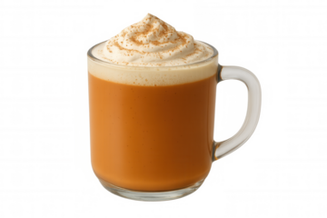 Glass mug holding pumpkin spice latte, creamy topping dusted with cinnamon, sitting against transparent background