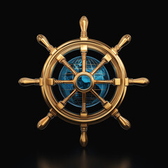 Golden ship wheel with blue globe center symbolizing global maritime navigation
