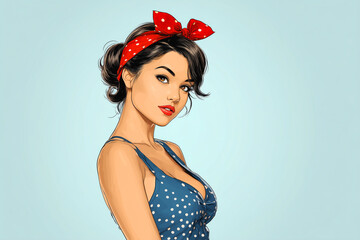 Retro pin-up style woman in polka dot dress with red headband on blue backdrop

