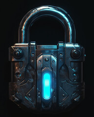 Futuristic metal padlock with glowing blue core on dark sci-fi background
