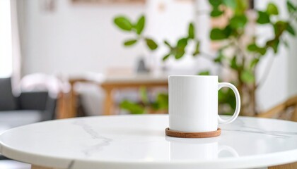 Obraz premium White Coffee Mug on Marble Table with Greenery and Soft Lighting.