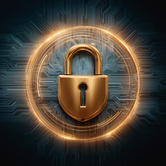 Golden padlock surrounded by glowing digital circle representing cybersecurity
