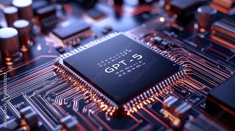 Poster macro close-up of a computer chip engraved with gpt-5, showcasing the intricate circuitry and compon