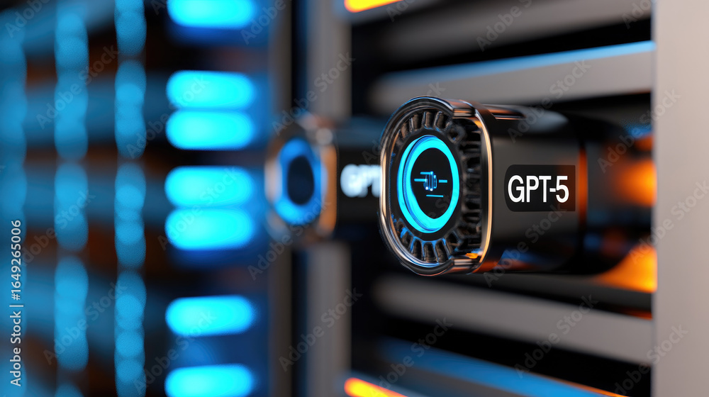 Poster downloading gpt-5 software on server rack, representing computational infrastructure powering advanc