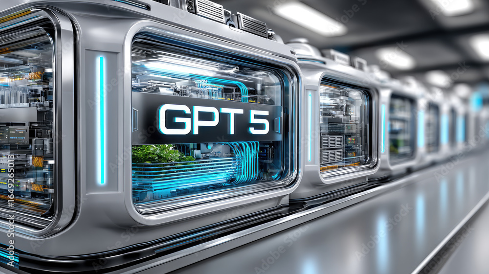 Poster a row of advanced server racks with glowing blue lights. the focus is on the label 'gpt 5' prominent