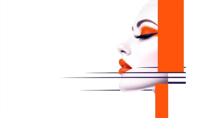 Striking profile of a woman with vibrant orange makeup against a clean white background, accentuated by geometric lines and shapes, creating a modern, stylized aesthetic