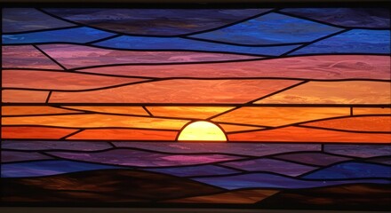 Colorful stained glass artwork depicting a sunset over ocean scenery