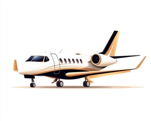 Obraz premium Sleek private jet illustration, white with gold and black accents, isolated on a white backdrop, positioned at a slight angle. Smooth, gradient shading gives it a modern, luxurious feel