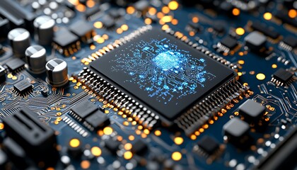 High-tech microprocessor embedded in a circuit board.