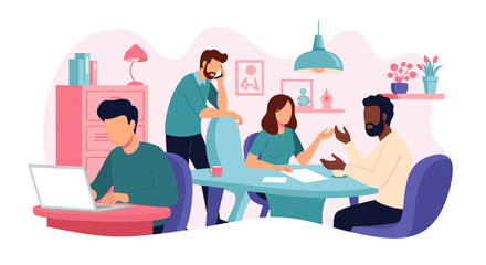 A diverse group of professionals collaborates and discusses ideas in a modern, vibrant office setting, fostering teamwork and productivity.