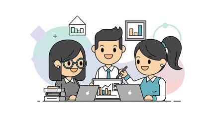 Three diverse business professionals collaborate effectively around laptops, analyzing data and discussing financial growth in a modern, productive office environment.
