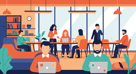 A vibrant, modern office environment showcases diverse professionals collaborating and working efficiently in an open-plan setting, fostering productivity.