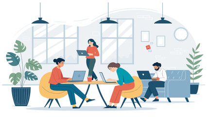 A diverse team of professionals collaborates efficiently in a bright, modern co-working office space, utilizing technology for productive work.