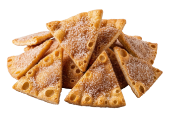 Crisp golden-brown pita chips, irregular triangular, sparkling sugar and cinnamon, stacked on seamless transparent, studio lit, macro lens bokeh, appetizing snack presentation