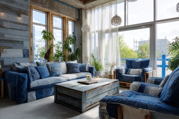 A stylish living room with denim patchwork furniture and large windows.