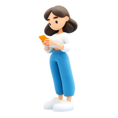 Stylized 3D female character engrossed in mobile phone usage on transparent background