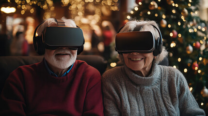 Elderly couple wearing VR headsets and experiencing virtual reality while sitting near a decorated Christmas tree, enjoying festive technology and holiday cheer