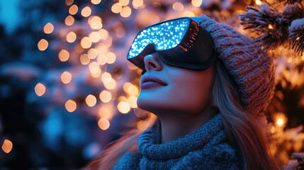 Winter-clad woman experiencing festive magic, wearing virtual reality headset amid glowing Christmas lights in snowy landscape, blending technology with seasonal wonder