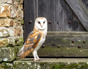 Barn owl perched outside a stone building