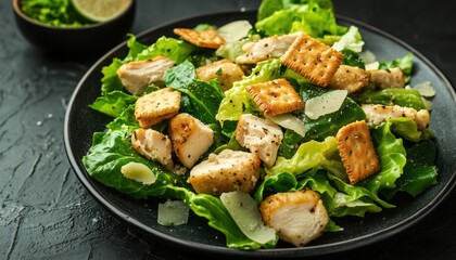 Classic Caesar Salad With Crackers, Romaine Lettuce, And Grilled Chicken On A Black Plate: Side View Featuring Ample Copy Space. Nutritious Dish.