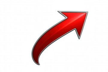 Glossy red arrow pointing upward on transparent backdrop, representing upward momentum, financial advancement, climbing performance indicators